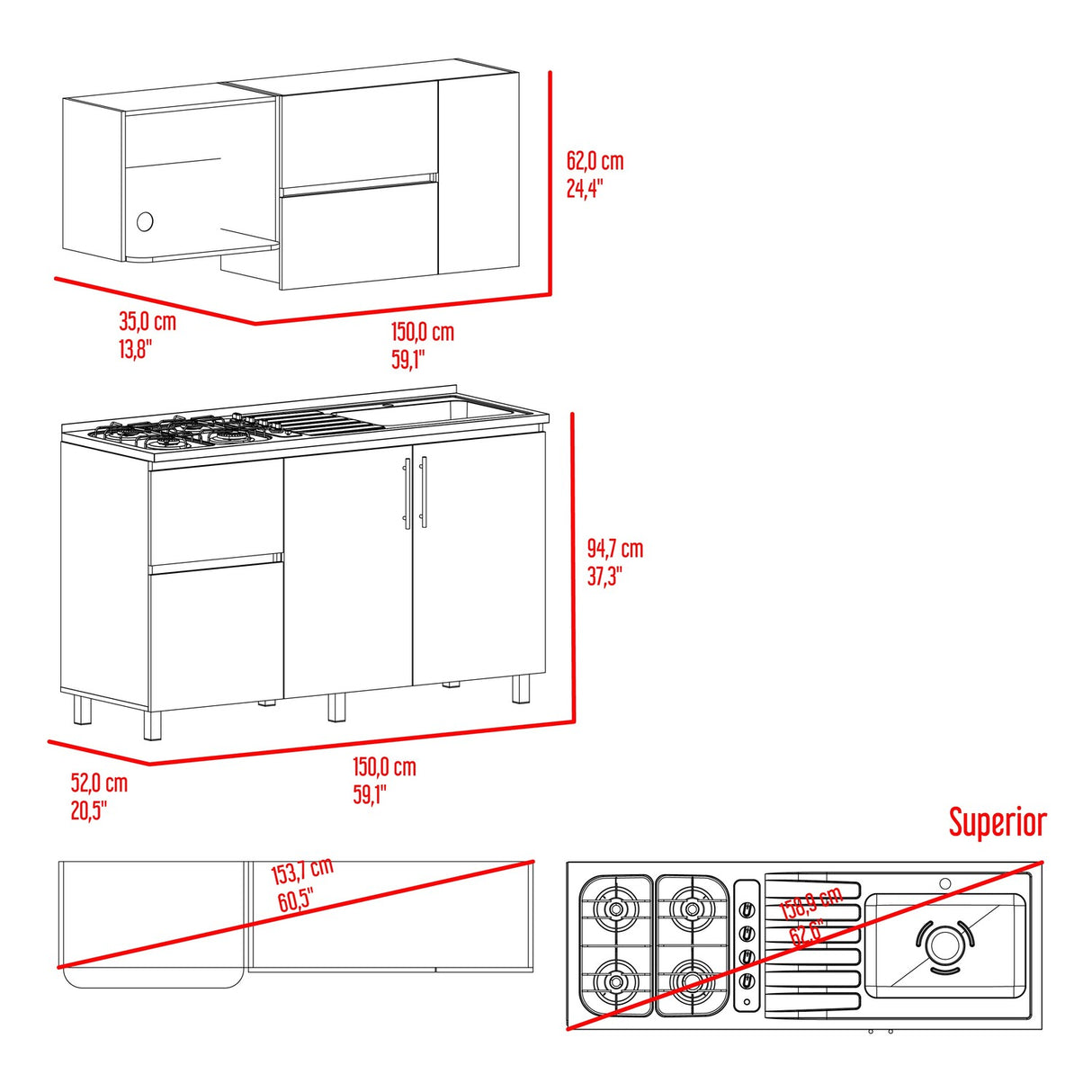 Cocina Florence Blanco y Bardolino 150x60cm con Mesón de Acero Inoxidable Pozuelo Lado Derecho y con Estufa - COCINAS | Bylmo