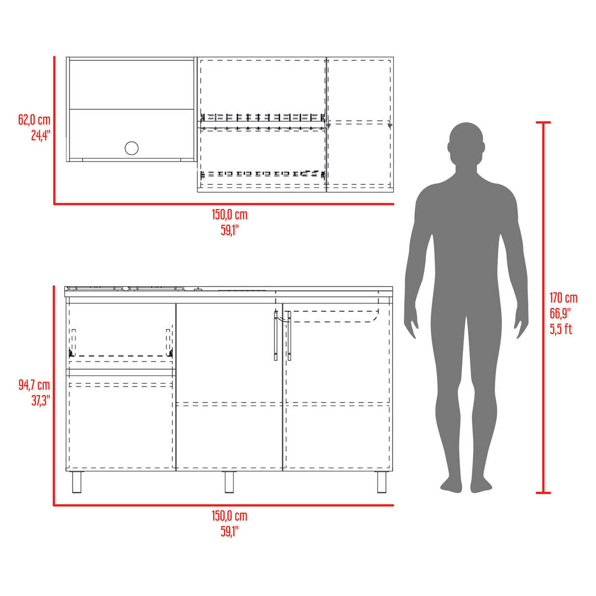 Cocina Florence Blanco y Bardolino 150x60cm con Mesón de Acero Inoxidable Pozuelo Lado Derecho y con Estufa - COCINAS | Bylmo