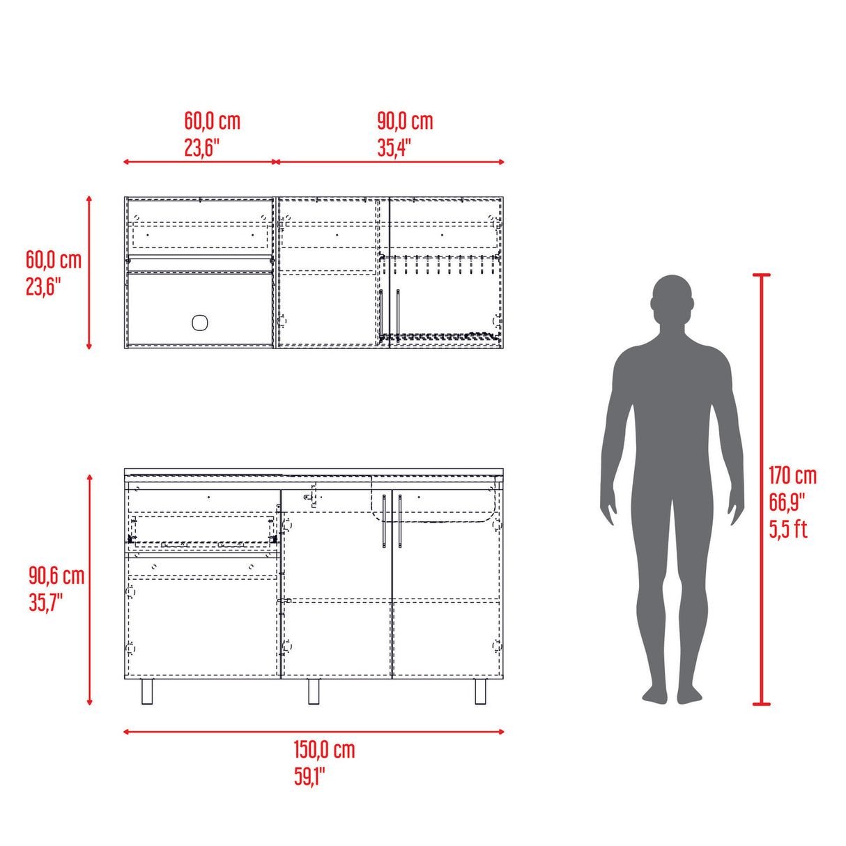 Cocina Allen Blanco y Wengue 150x60cm con Mesón de Acero Inoxidable y Pozuelo Lado Derecho - COCINAS | Bylmo