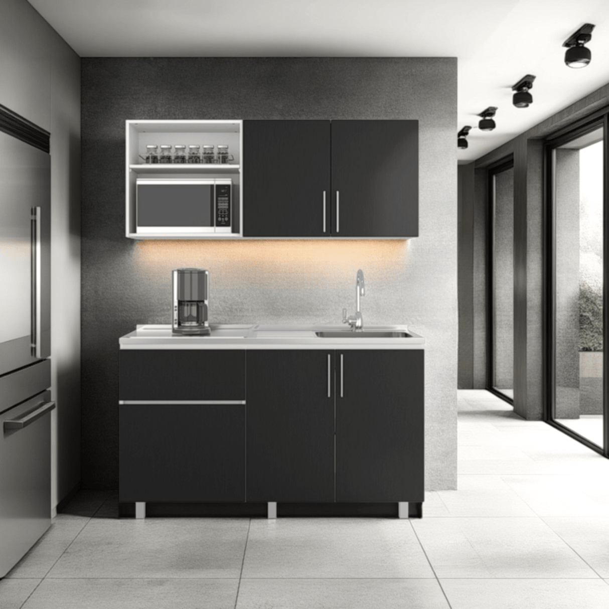 Cocina Allen Blanco y Wengue 150x60cm con Mesón de Acero Inoxidable y Pozuelo Lado Derecho - COCINAS | Bylmo