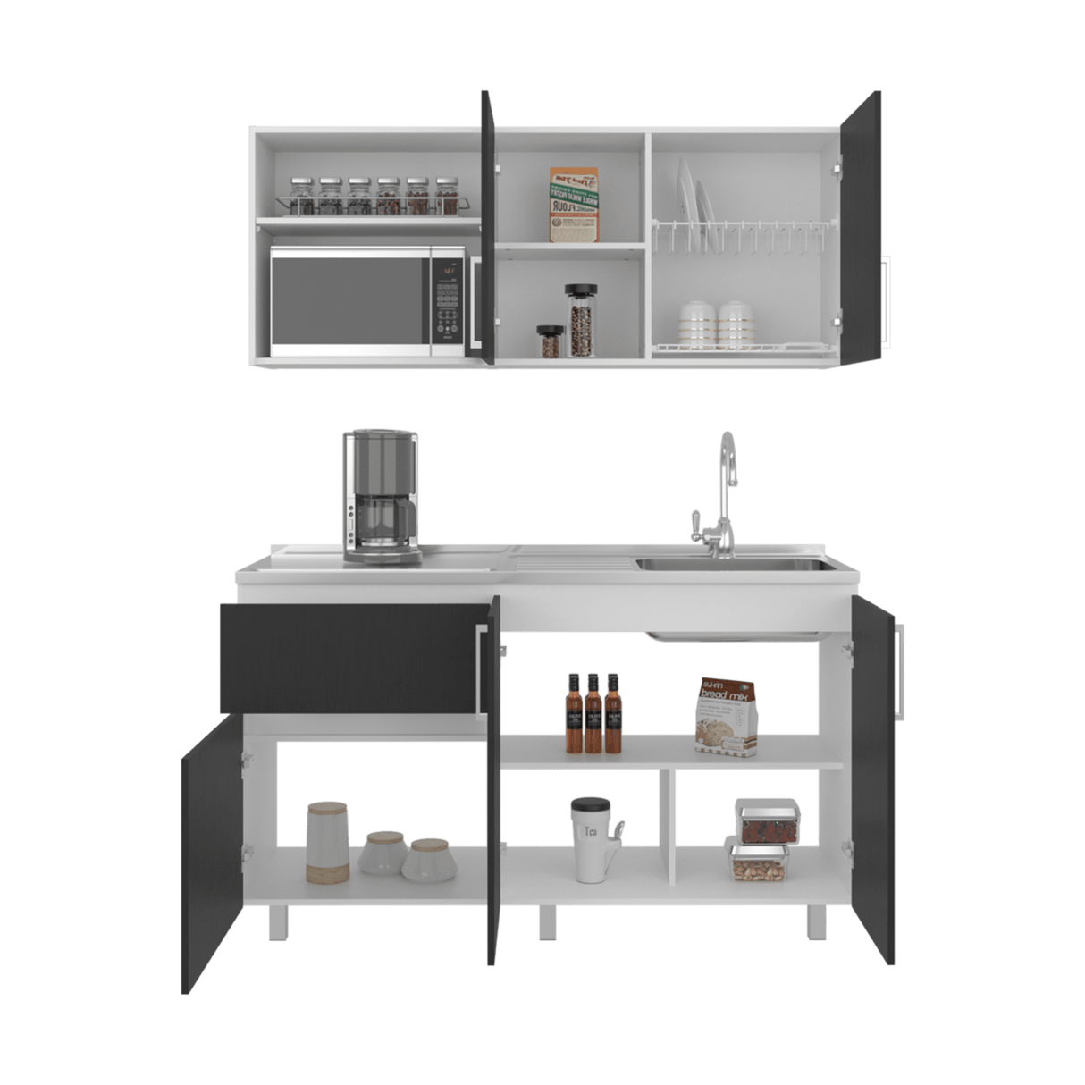 Cocina Allen Blanco y Wengue 150x60cm con Mesón de Acero Inoxidable y Pozuelo Lado Derecho - COCINAS | Bylmo