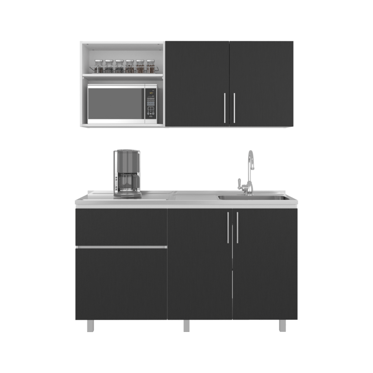 Cocina Allen Blanco y Wengue 150x60cm con Mesón de Acero Inoxidable y Pozuelo Lado Derecho - COCINAS | Bylmo