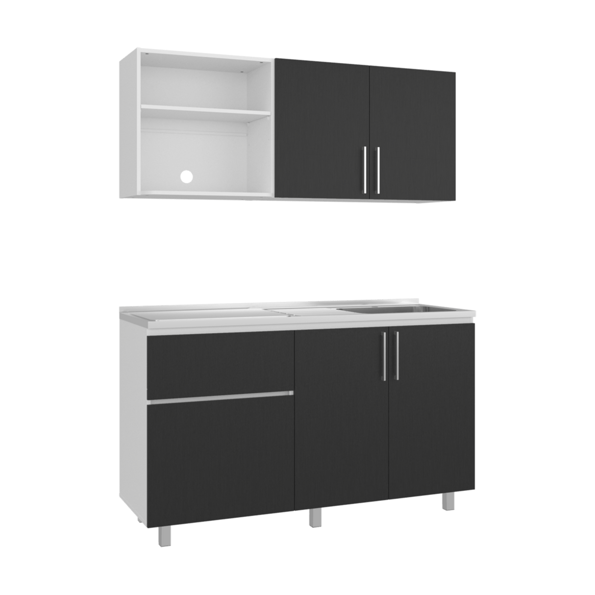 Cocina Allen Blanco y Wengue 150x60cm con Mesón de Acero Inoxidable y Pozuelo Lado Derecho - COCINAS | Bylmo