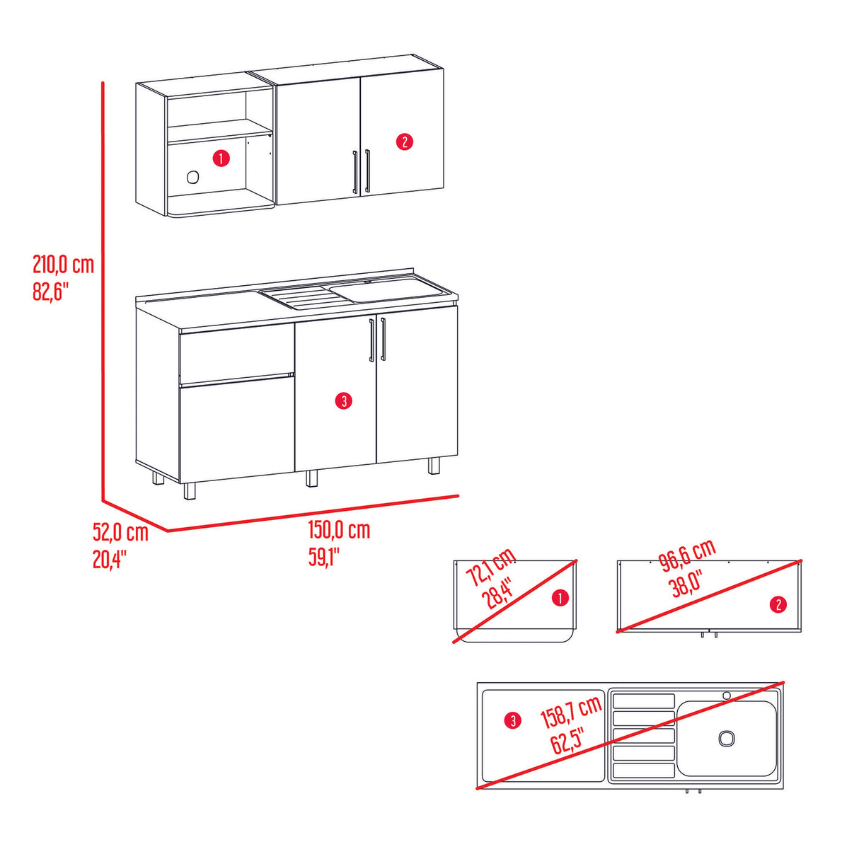 Cocina Allen Blanco y Wengue 150x60cm con Mesón de Acero Inoxidable y Pozuelo Lado Derecho - COCINAS | Bylmo
