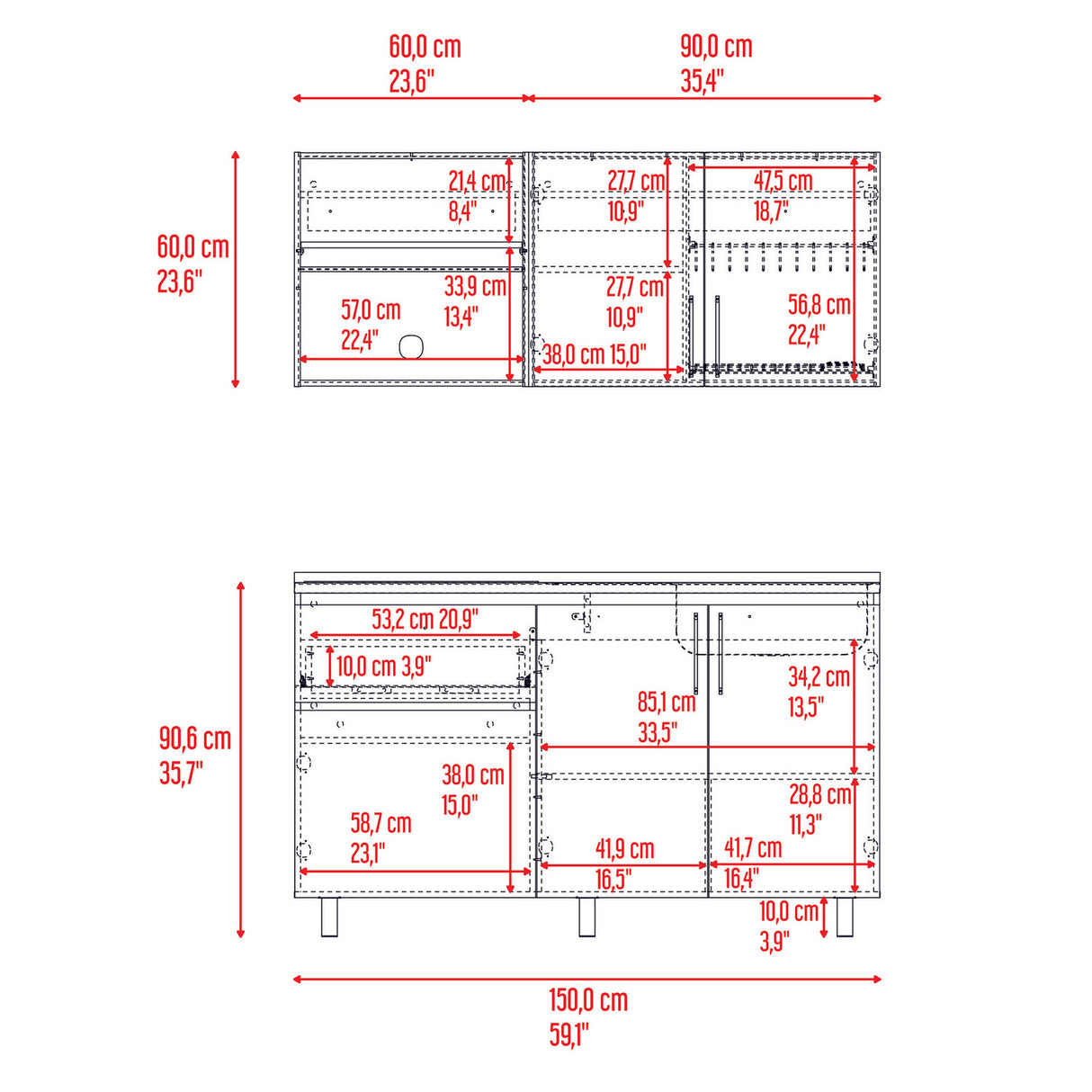 Cocina Allen Blanco y Wengue 150x60cm con Mesón de Acero Inoxidable y Pozuelo Lado Derecho - COCINAS | Bylmo
