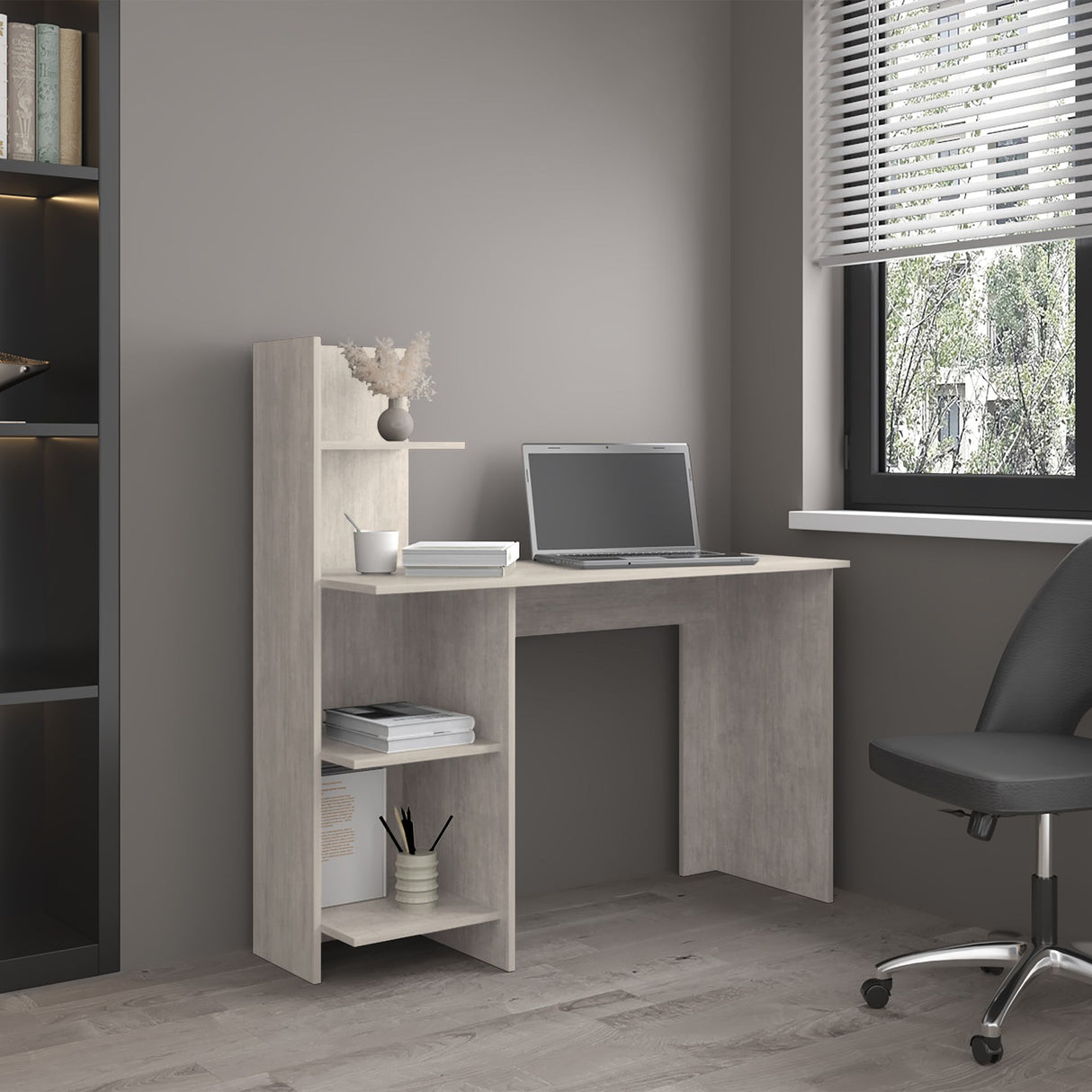 Escritorio Vilna Cemento 120x120.6cm con Organizador de Libros - ESCRITORIOS | Bylmo