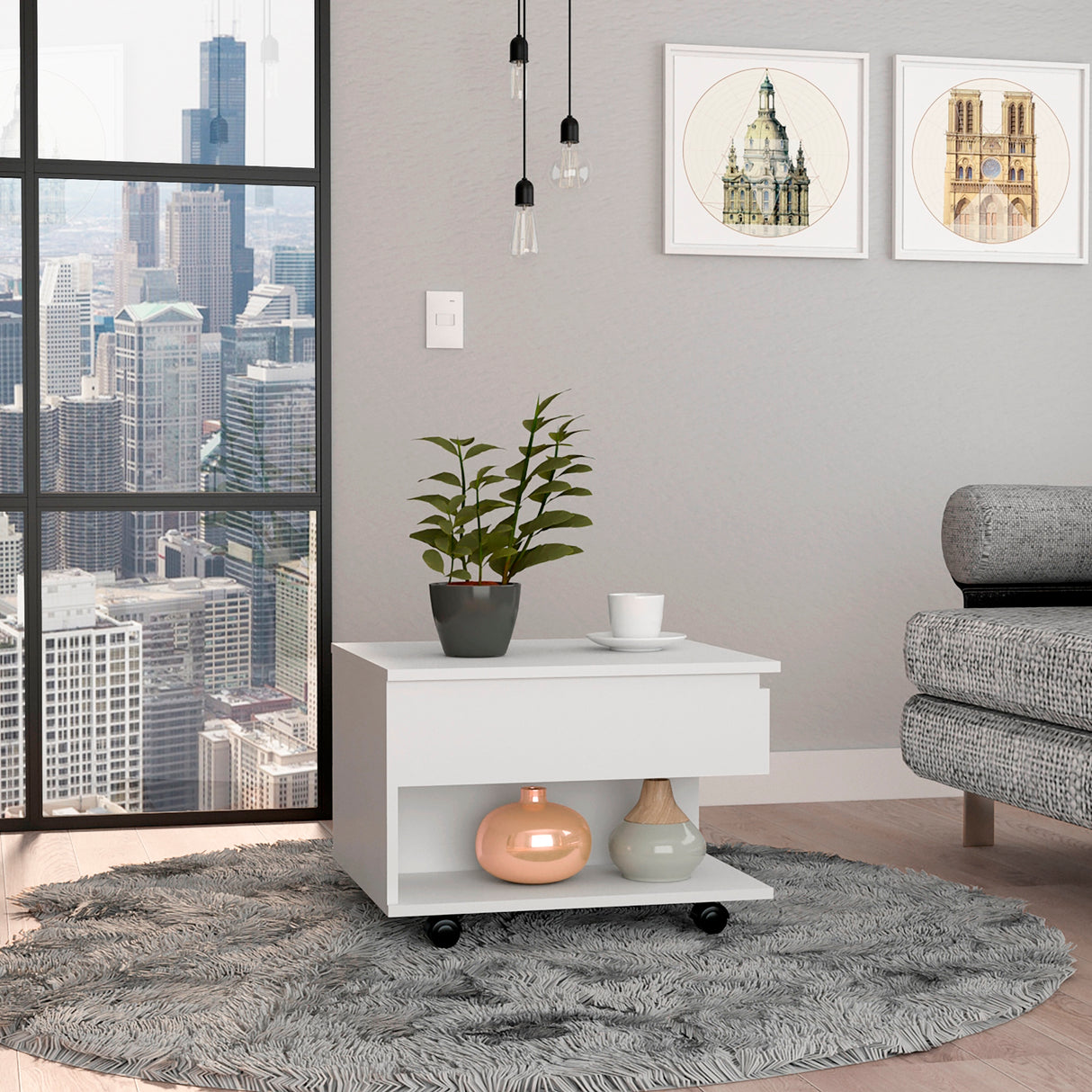 Mesa Auxiliar Transformable Luanda Blanco 55x39.1cm Rectangular Con Ruedas Y Cuatro Compartimientos - MESAS AUXILIARES | Bylmo