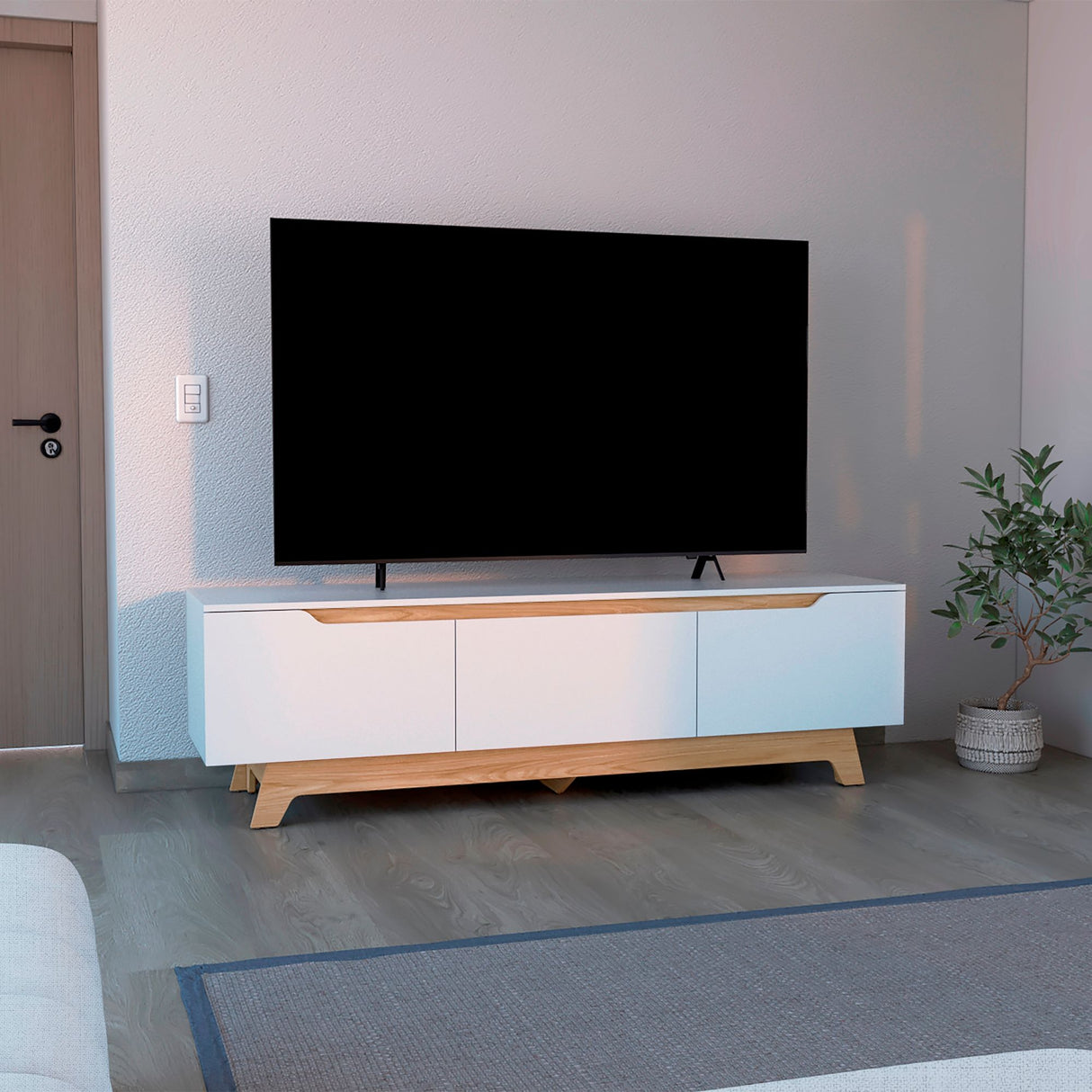 Centro de Entretenimiento Woodall Blanco 180.6x53cm para TV Hasta 80" Pulgadas con Cuatro Compartimientos - MUEBLES DE TV | Bylmo