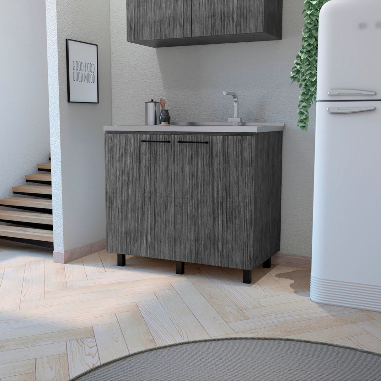 Mueble Inferior de Cocina Napoles Roble Gris 100x90cm con Mesón de Acero Inoxidable y Pozuelo Lado Izquierdo - MUEBLES INFERIORES DE COCINA | Bylmo