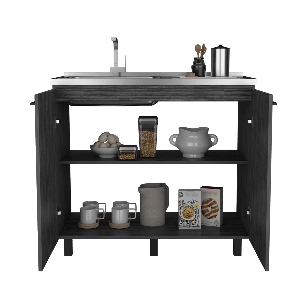 Mueble Inferior de Cocina Napoles Roble Gris 100x90cm con Mesón de Acero Inoxidable y Pozuelo Lado Izquierdo - MUEBLES INFERIORES DE COCINA | Bylmo