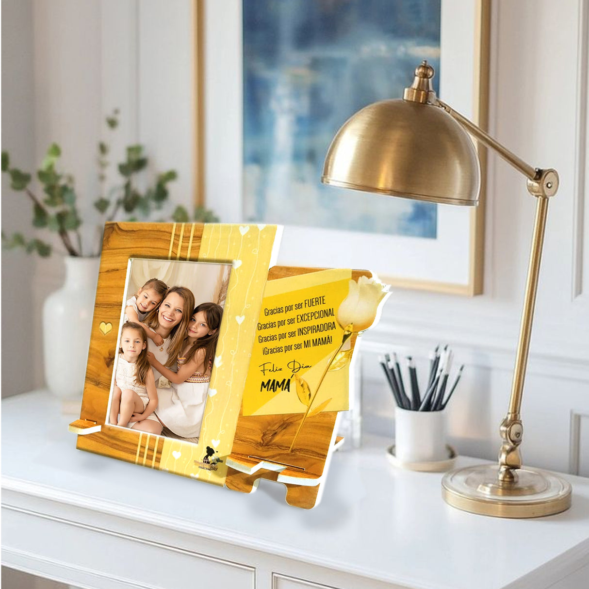 Cuadro Portarretrato Amarillo y Blanco 24.5x20.5cm Rectangular De Mesa para Una Foto con Portacelular - PORTARRETRATOS | Bylmo