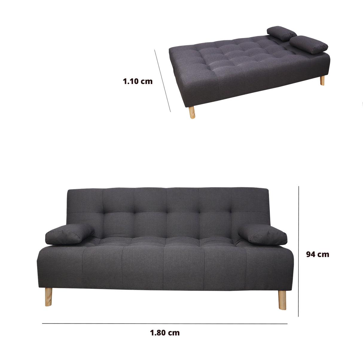 Sofá Cama Sabathy Gris 180x40cm De Tres Puestos Reclinable Antifluido con Dos Cojines Decorativos - SOFAS Y POLTRONAS | Bylmo