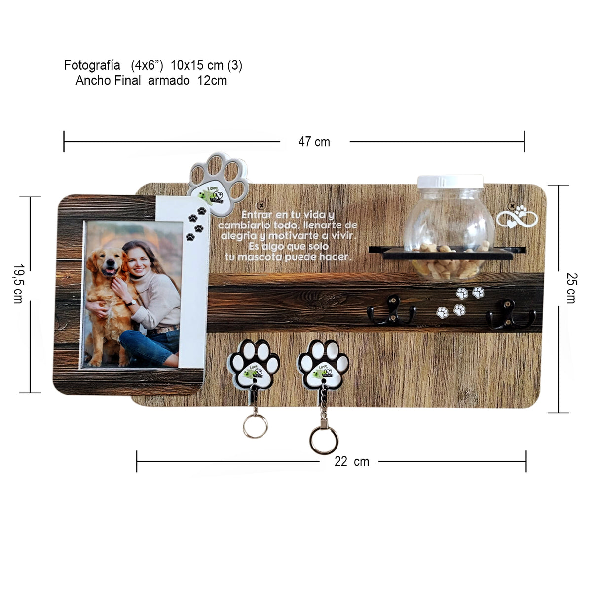 Repisa Perchero Pet Madera 47x15cm con Dos Ganchos y Portarretrato - PERCHEROS | Bylmo