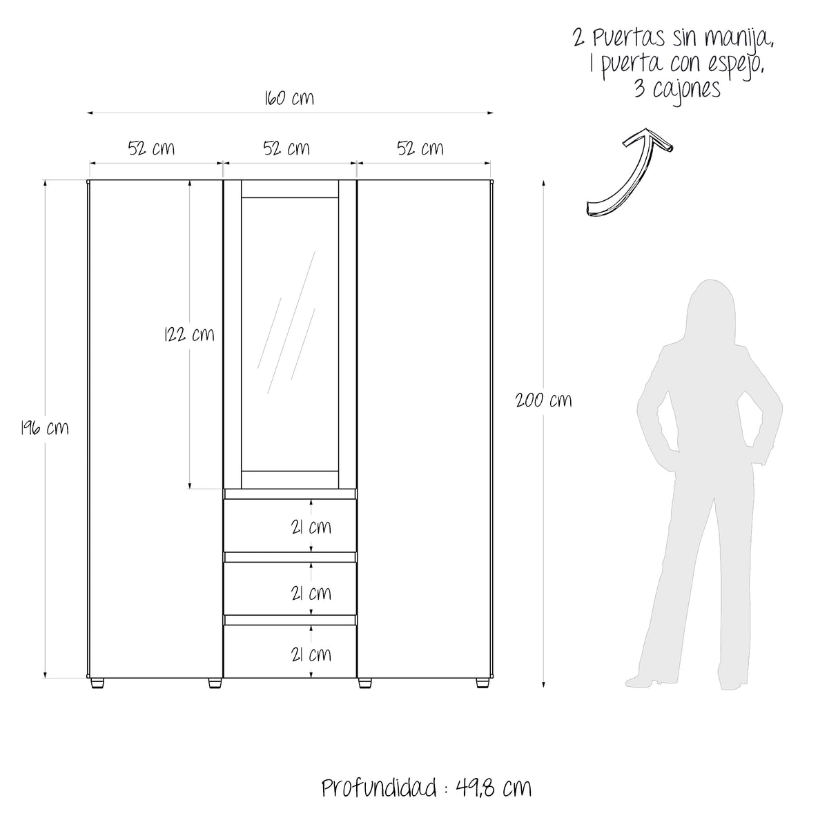 Closet Java Niebla y Blanco 160x200cm con Tres Cajones con Cinco Compartimientos y con Espejo - CLOSETS | Bylmo