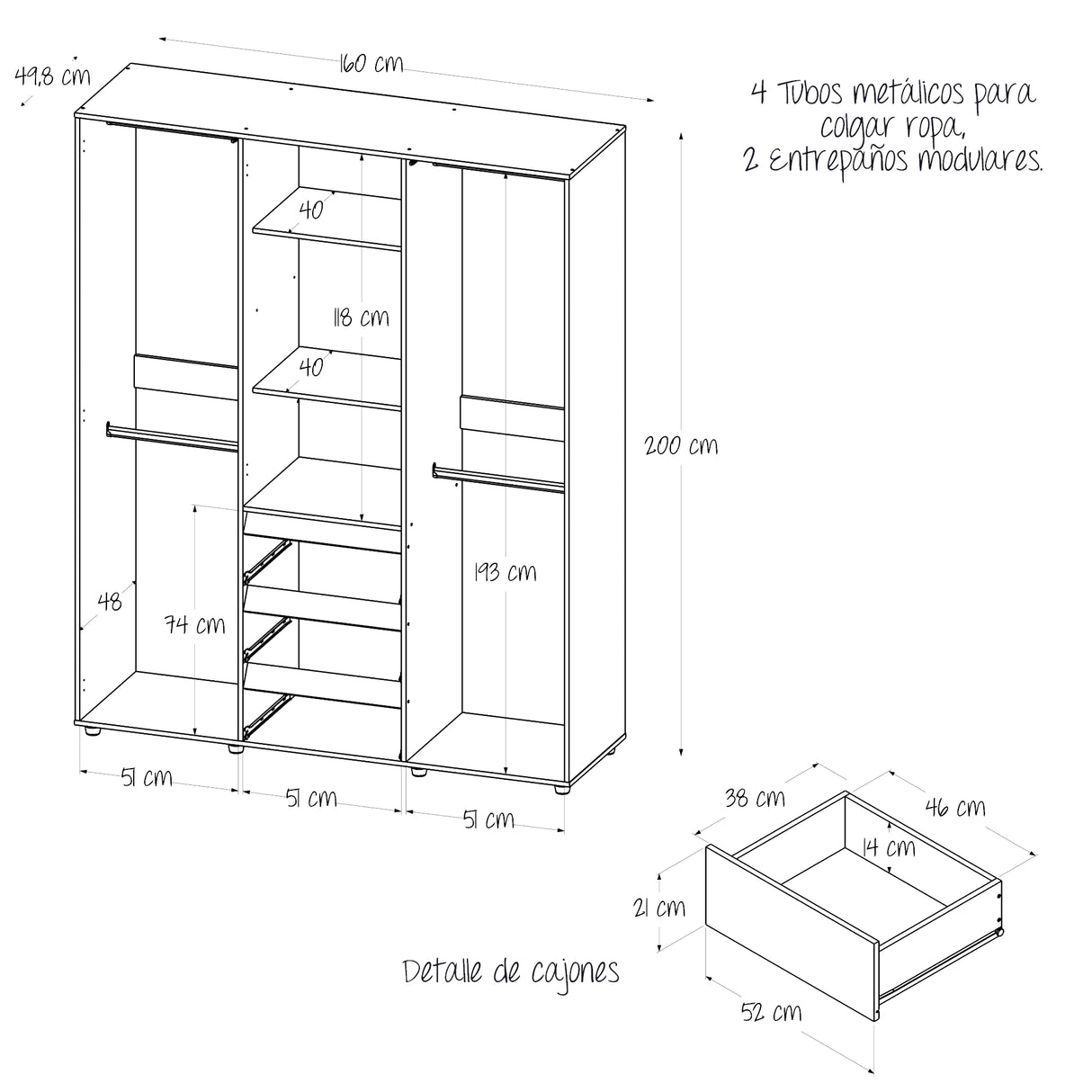Closet Java Niebla y Blanco 160x200cm con Tres Cajones con Cinco Compartimientos y con Espejo - CLOSETS | Bylmo