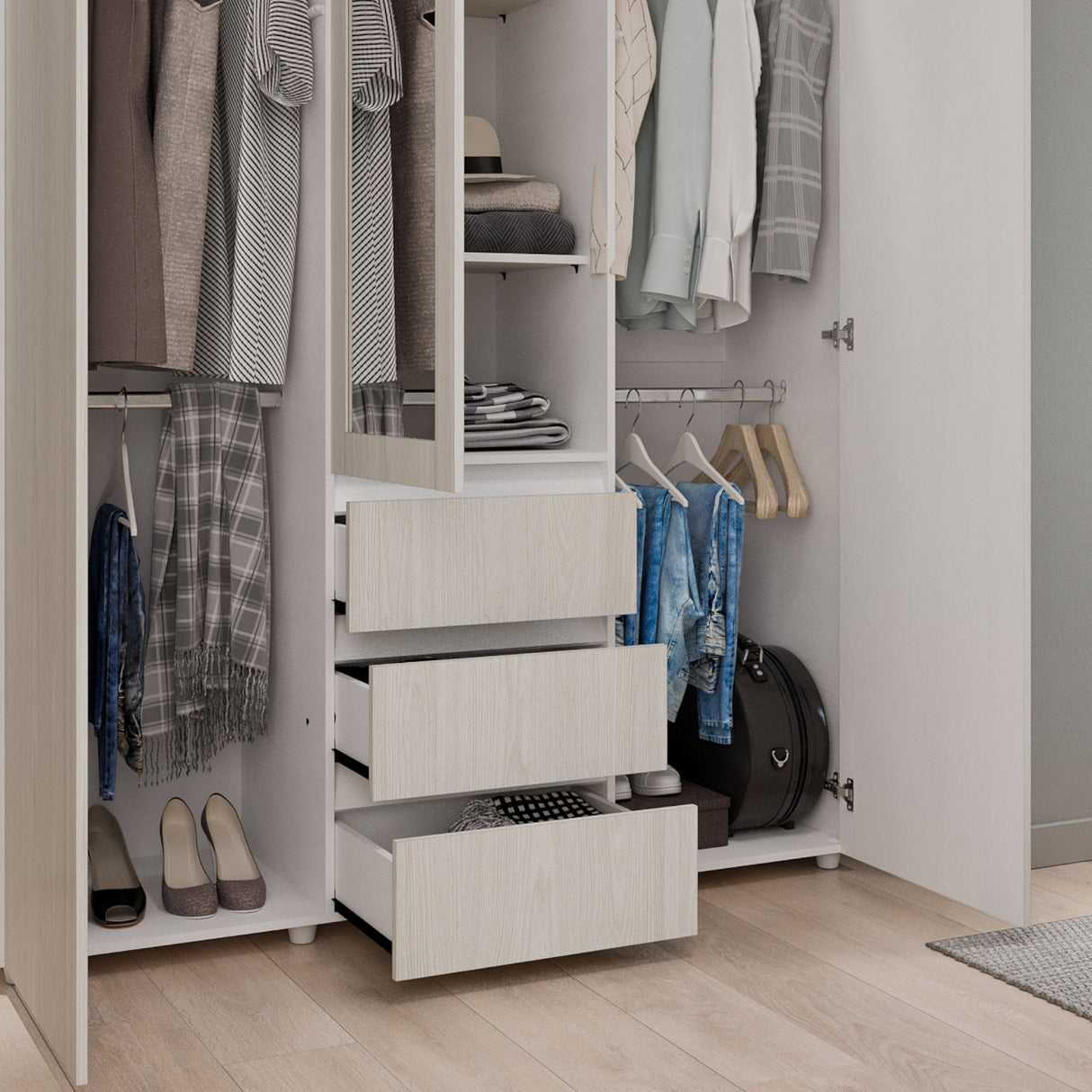 Closet Java Niebla y Blanco 160x200cm con Tres Cajones con Cinco Compartimientos y con Espejo - CLOSETS | Bylmo