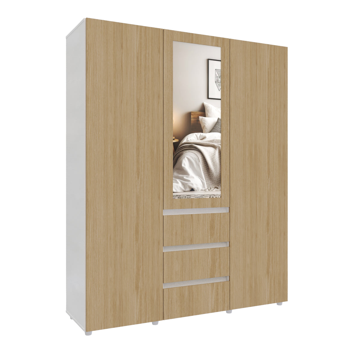 Closet Java Rovere y Blanco 160x200cm con Tres Cajones con Cinco Compartimientos y con Espejo - CLOSETS | Bylmo