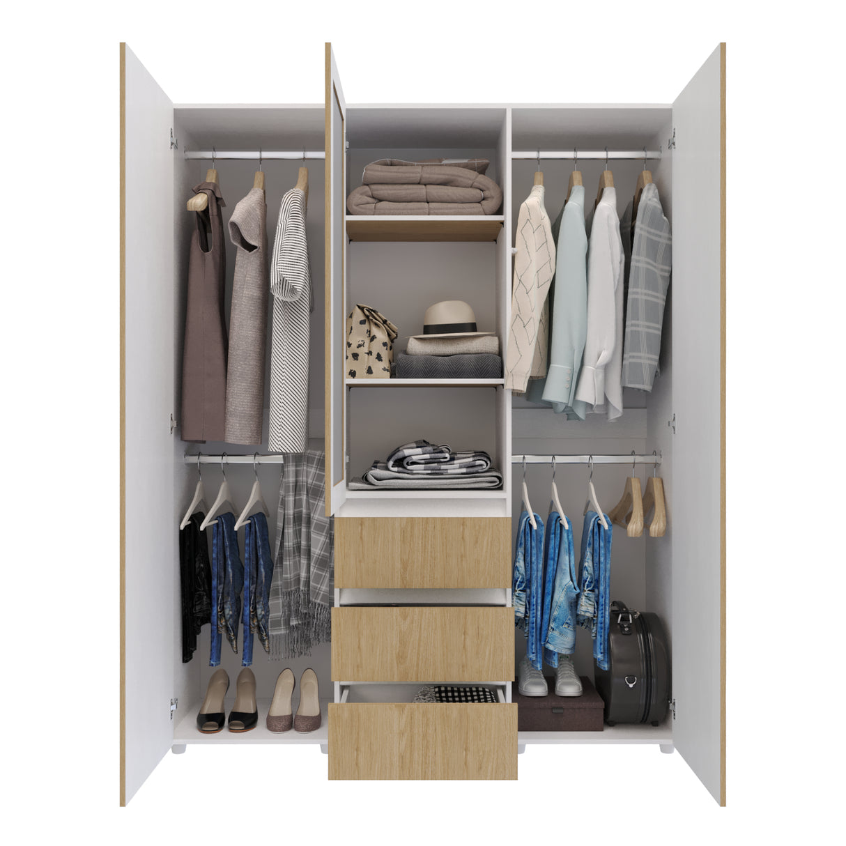 Closet Java Rovere y Blanco 160x200cm con Tres Cajones con Cinco Compartimientos y con Espejo - CLOSETS | Bylmo