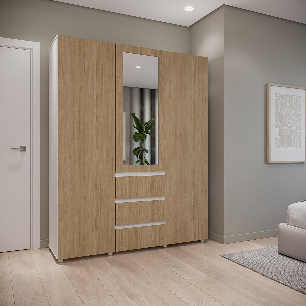 Closet Java Rovere y Blanco 160x200cm con Tres Cajones con Cinco Compartimientos y con Espejo - CLOSETS | Bylmo