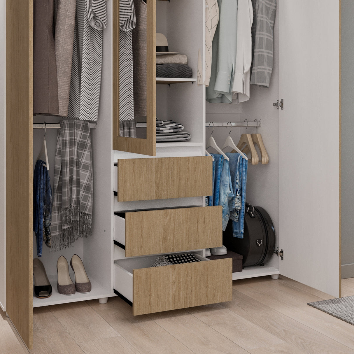 Closet Java Rovere y Blanco 160x200cm con Tres Cajones con Cinco Compartimientos y con Espejo - CLOSETS | Bylmo
