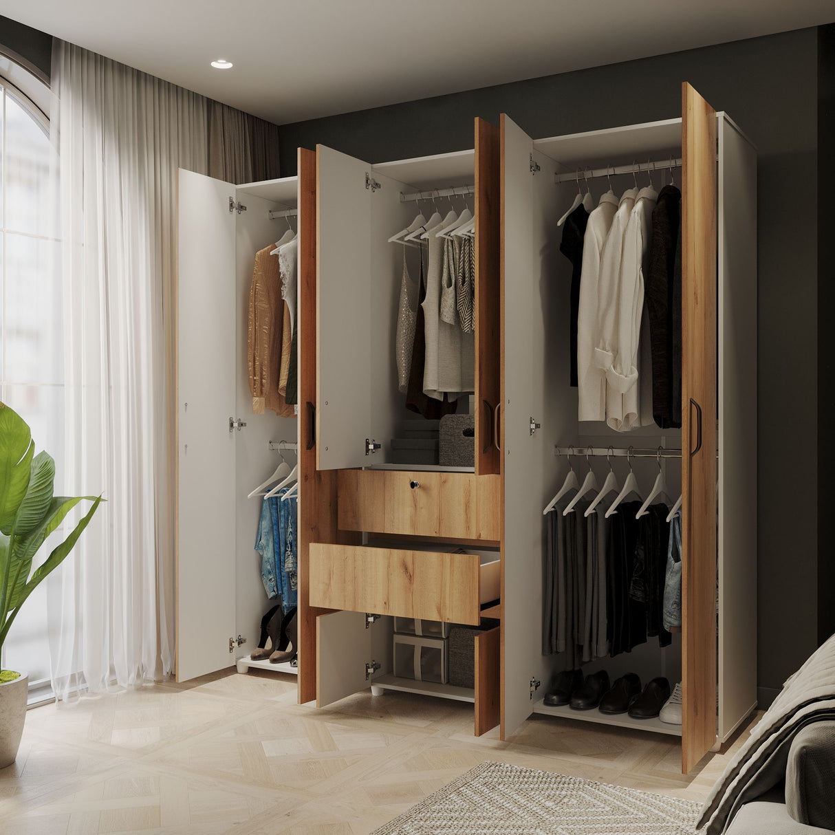 Closet Luanda Duna y Blanco 200x200cm con Dos Cajones y con Cuatro Compartimientos - CLOSETS | Bylmo