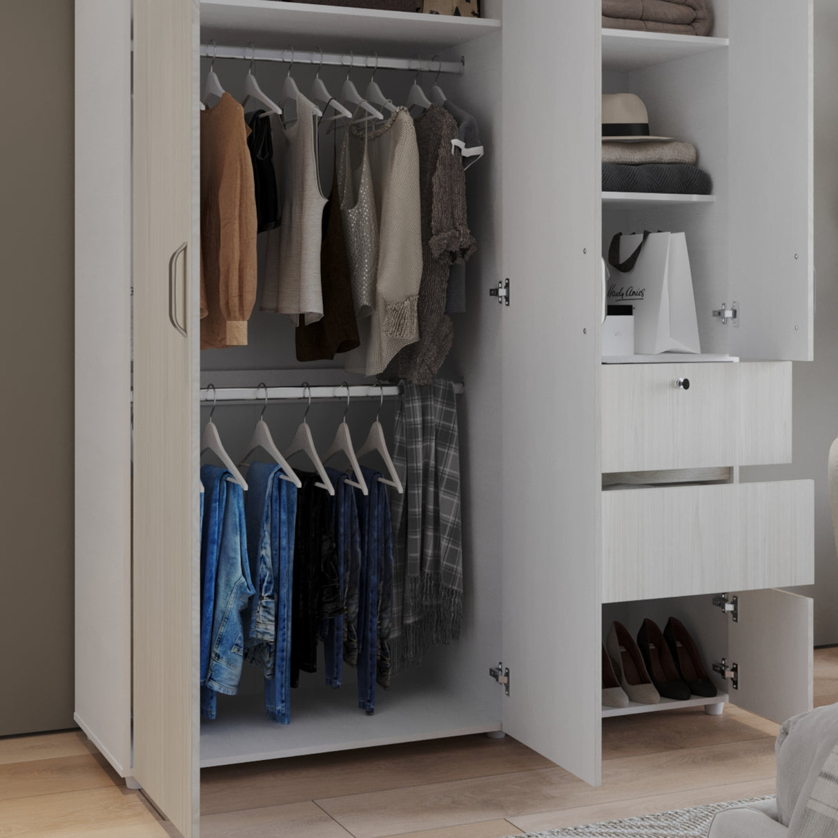 Closet Riga Niebla y Blanco 150x200cm con Dos Cajones y con Seis Compartimientos - CLOSETS | Bylmo