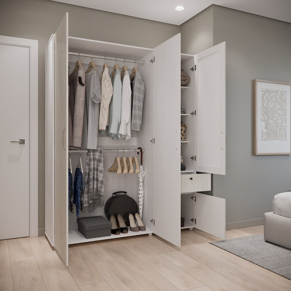 Closet Perla Niebla y Blanco 160x200cm con Un Cajón con Seis Compartimientos y con Espejo - CLOSETS | Bylmo