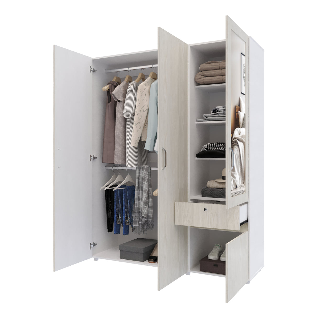 Closet Perla Niebla y Blanco 160x200cm con Un Cajón con Seis Compartimientos y con Espejo - CLOSETS | Bylmo
