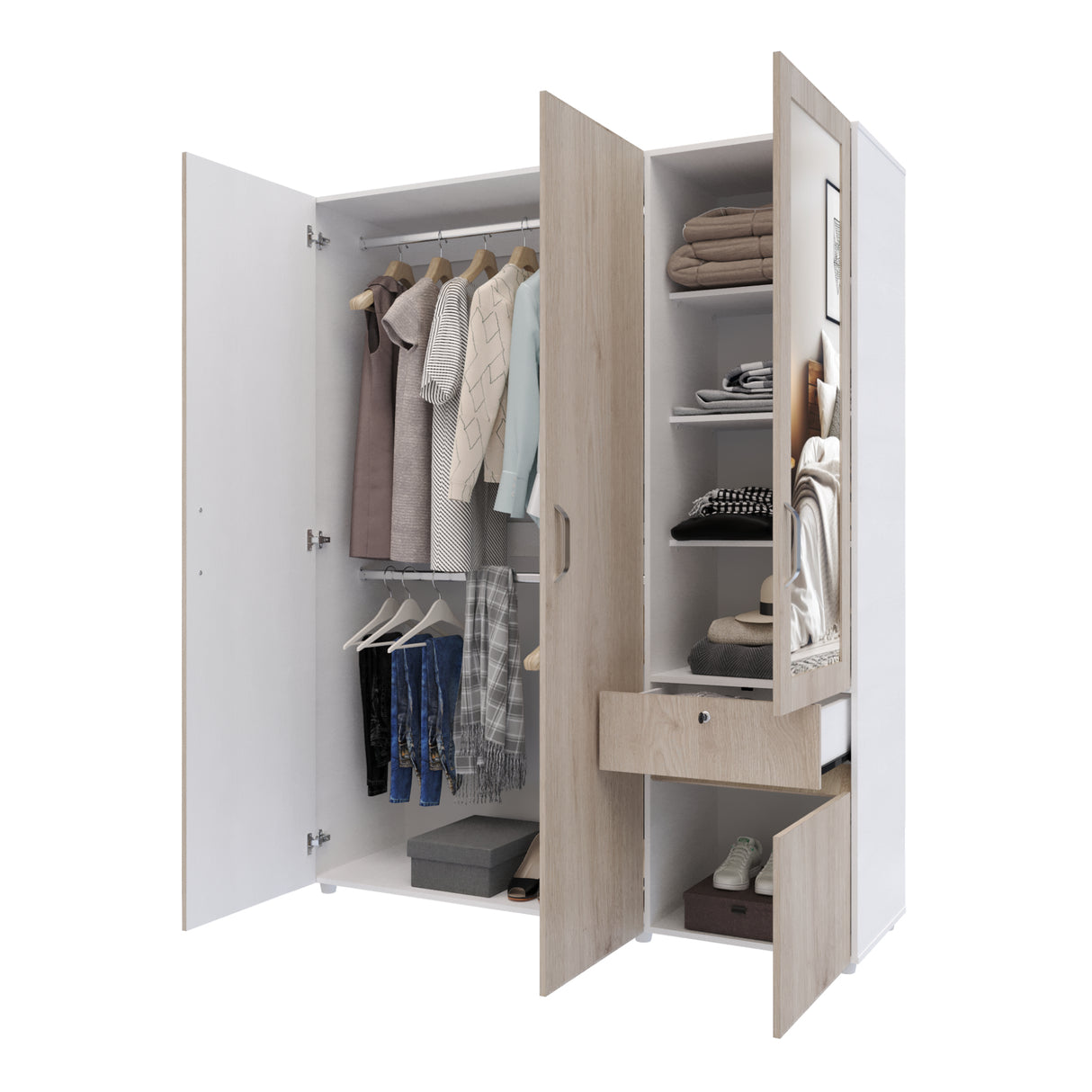 Closet Perla Ceniza y Blanco 160x200cm con Un Cajón con Seis Compartimientos y con Espejo - CLOSETS | Bylmo