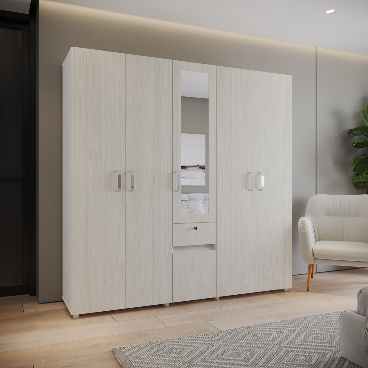 Closet Perla Niebla y Blanco 200x200cm con Un Cajón con Siete Compartimientos y con Espejo - CLOSETS | Bylmo