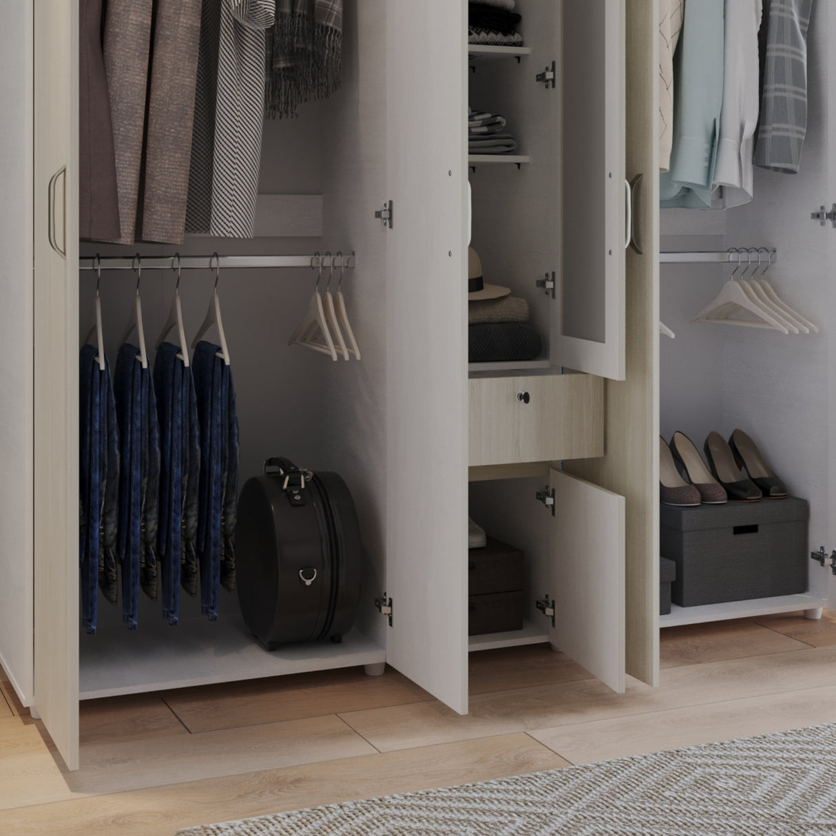 Closet Perla Niebla y Blanco 200x200cm con Un Cajón con Siete Compartimientos y con Espejo - CLOSETS | Bylmo