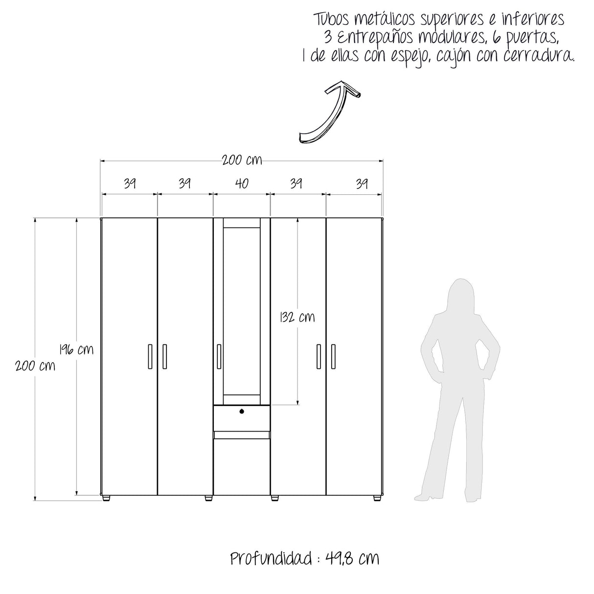 Closet Perla Niebla y Blanco 200x200cm con Un Cajón con Siete Compartimientos y con Espejo - CLOSETS | Bylmo