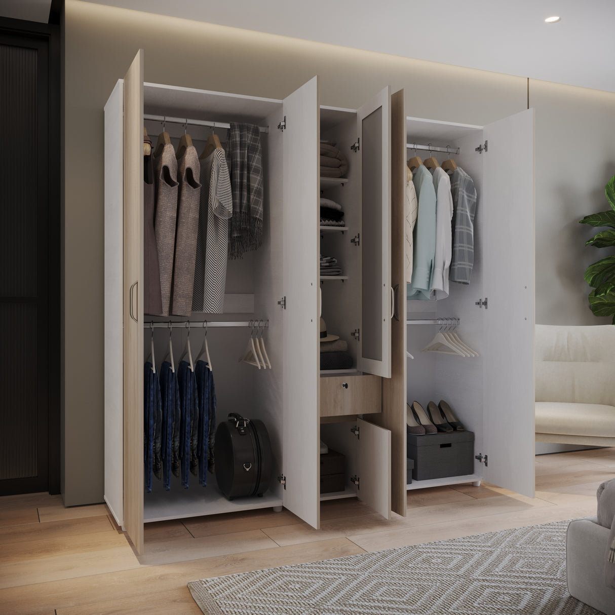 Closet Perla Ceniza y Blanco 200x200cm con Un Cajón con Siete Compartimientos y con Espejo - CLOSETS | Bylmo
