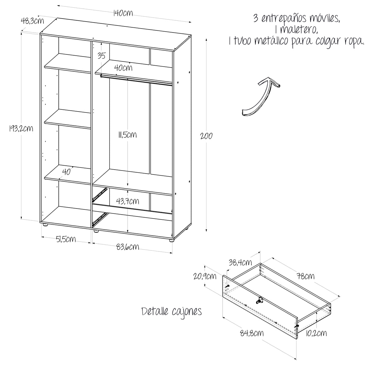 Closet Tripoli Blanco y Niebla 140x200cm con Dos Cajones y con Seis Compartimientos - CLOSETS | Bylmo