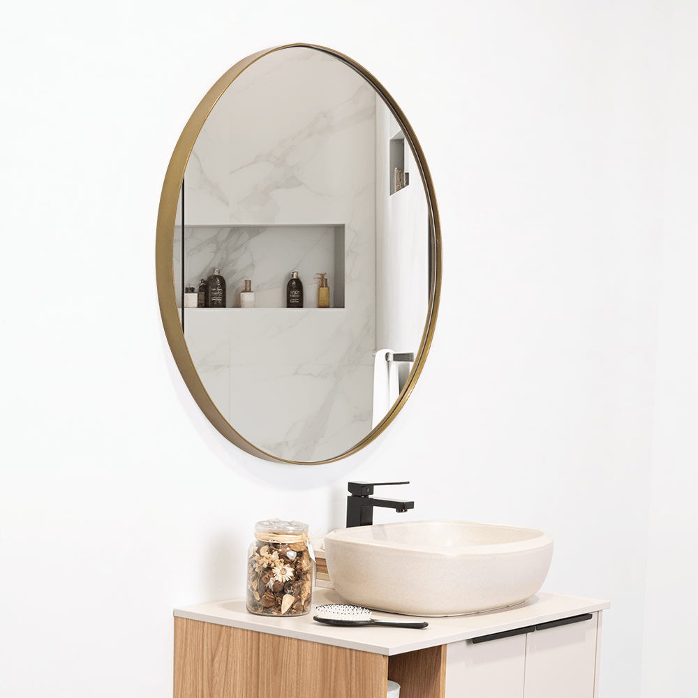 Espejo de Baño D80 Dorado y Gris 80x80cm Redondo con Marco Metalico - ESPEJOS DE BANHO | Bylmo