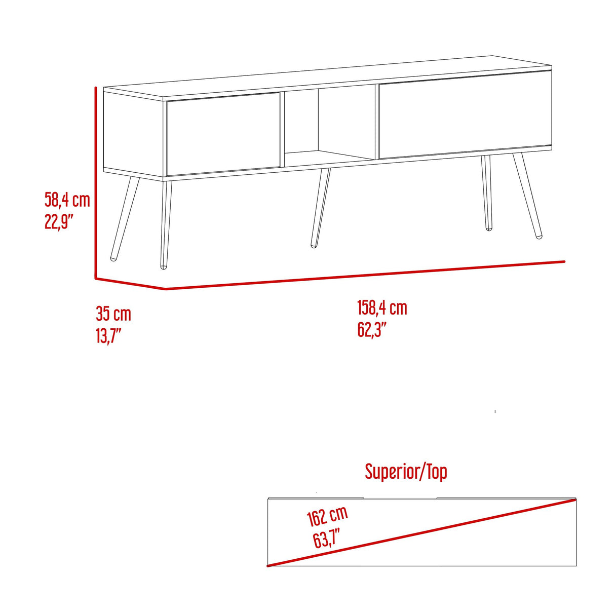 Mesa para TV Zurich Milan y Plomo 158.4x58.4cm para TV Hasta 70" Pulgadas con Tres Compartimientos y con Un Cajón - MUEBLES DE TV | Bylmo