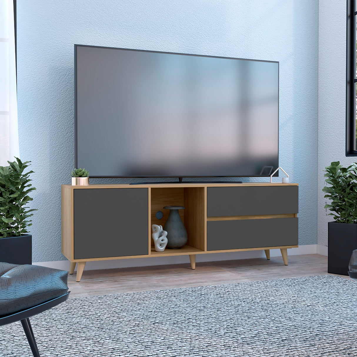 Rack de TV Salem Fresno y Plomo 158.4x58.4cm para TV Hasta 65" Pulgadas con Cinco Compartimientos y con Dos Cajones - MUEBLES DE TV | Bylmo