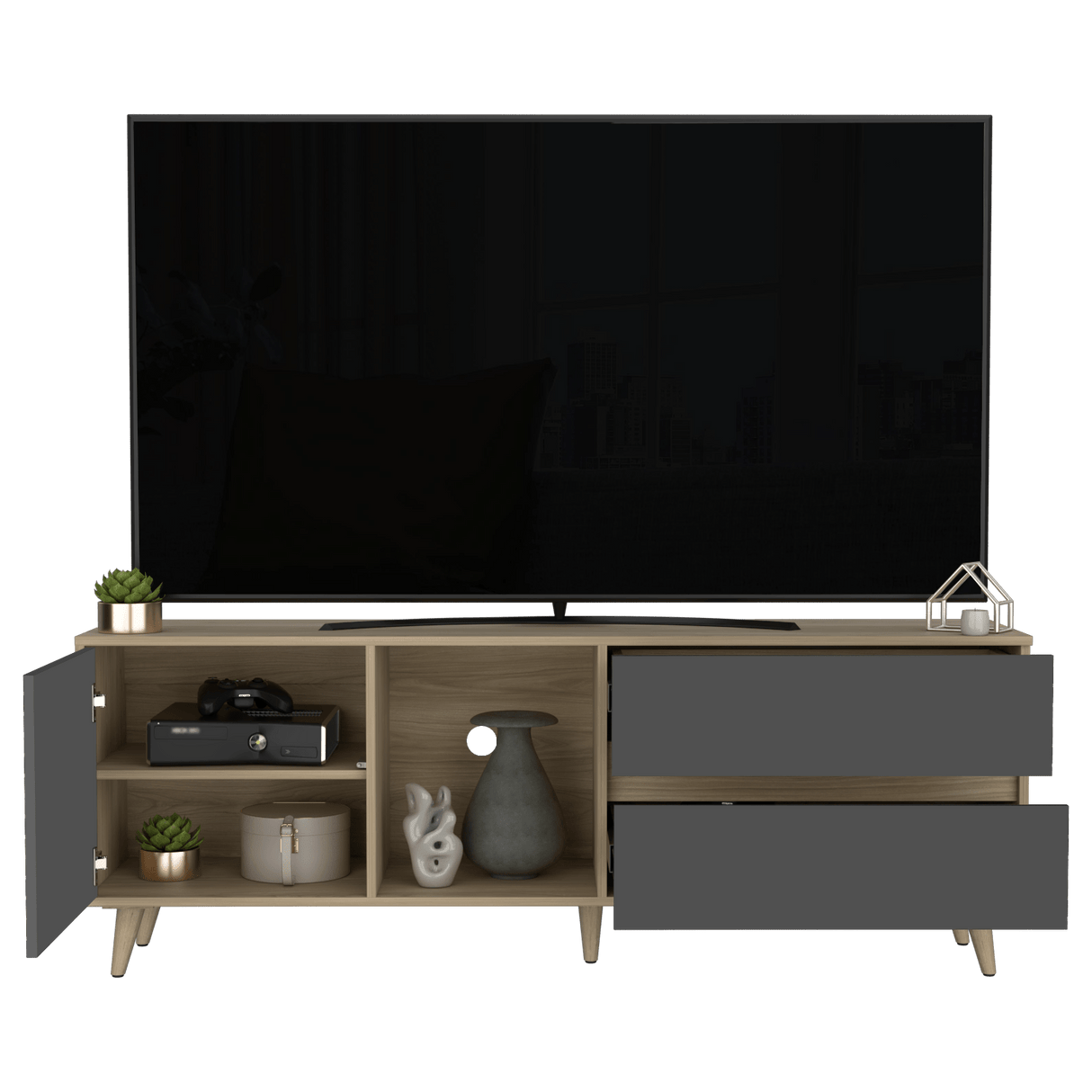 Rack de TV Salem Fresno y Plomo 158.4x58.4cm para TV Hasta 65" Pulgadas con Cinco Compartimientos y con Dos Cajones - MUEBLES DE TV | Bylmo