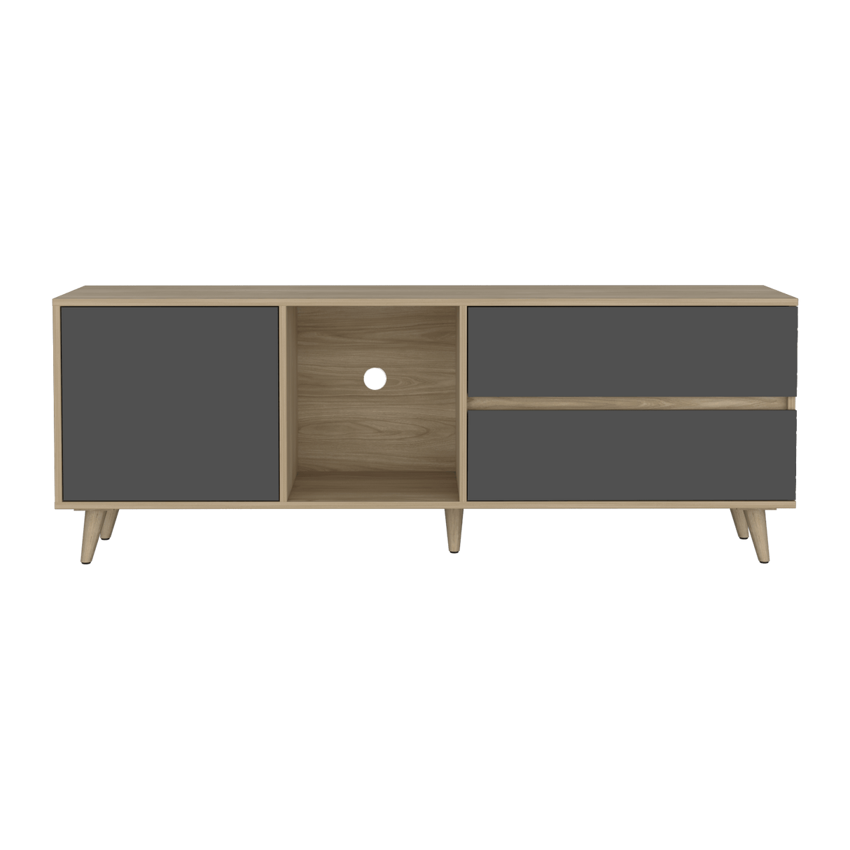 Rack de TV Salem Fresno y Plomo 158.4x58.4cm para TV Hasta 65" Pulgadas con Cinco Compartimientos y con Dos Cajones - MUEBLES DE TV | Bylmo