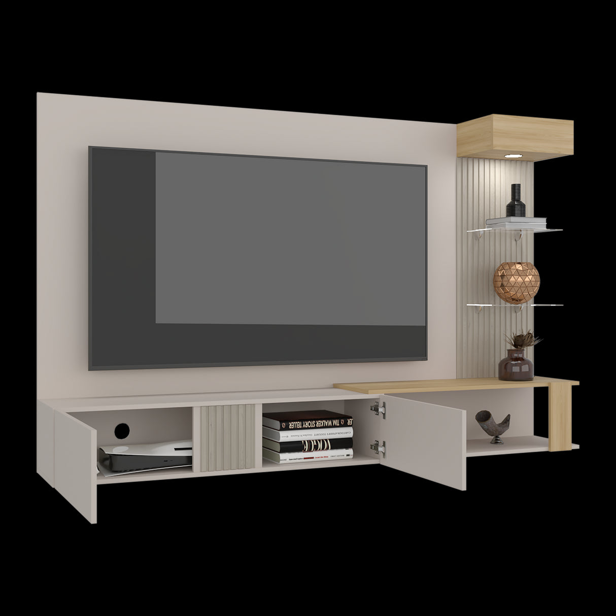 Panel de TV Isolde Capri y Fresno 208.7x132.2cm para TV Hasta 70" Pulgadas con Seis Compartimientos - MUEBLES DE TV | Bylmo