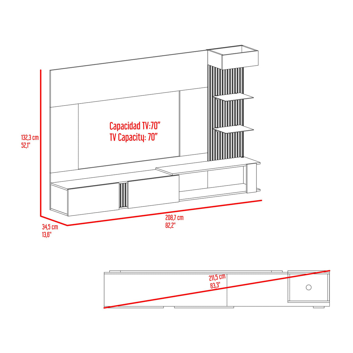 Panel de TV Isolde Capri y Fresno 208.7x132.2cm para TV Hasta 70" Pulgadas con Seis Compartimientos - MUEBLES DE TV | Bylmo