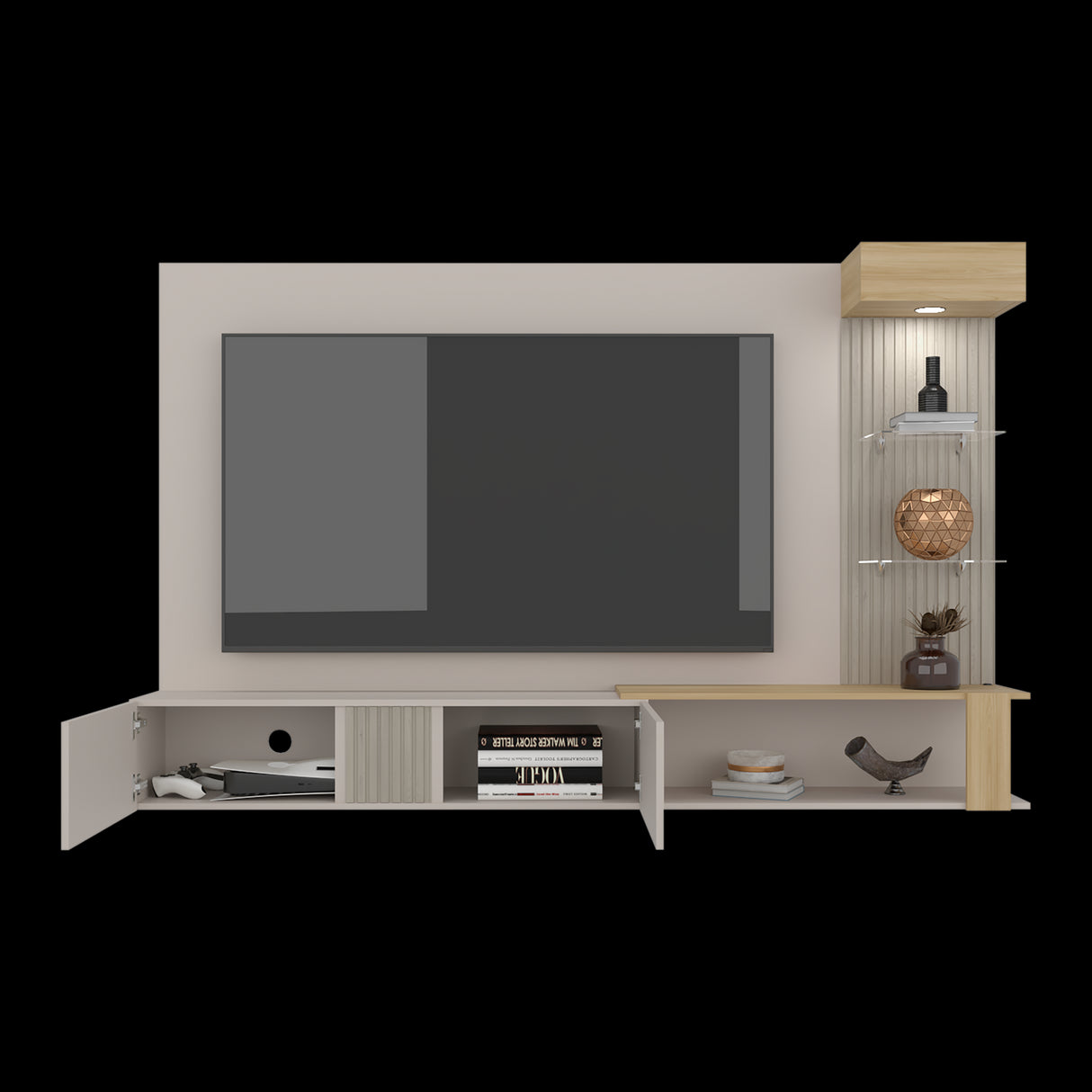 Panel de TV Isolde Capri y Fresno 208.7x132.2cm para TV Hasta 70" Pulgadas con Seis Compartimientos - MUEBLES DE TV | Bylmo