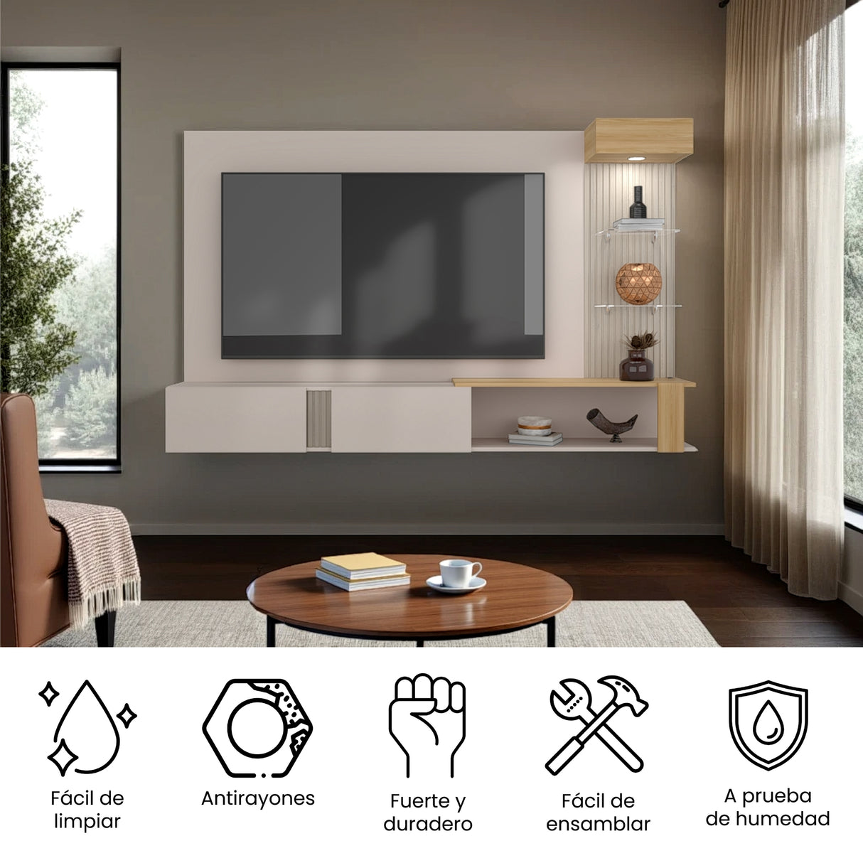 Panel de TV Isolde Capri y Fresno 208.7x132.2cm para TV Hasta 65" Pulgadas con Seis Compartimientos - MUEBLES DE TV | Bylmo