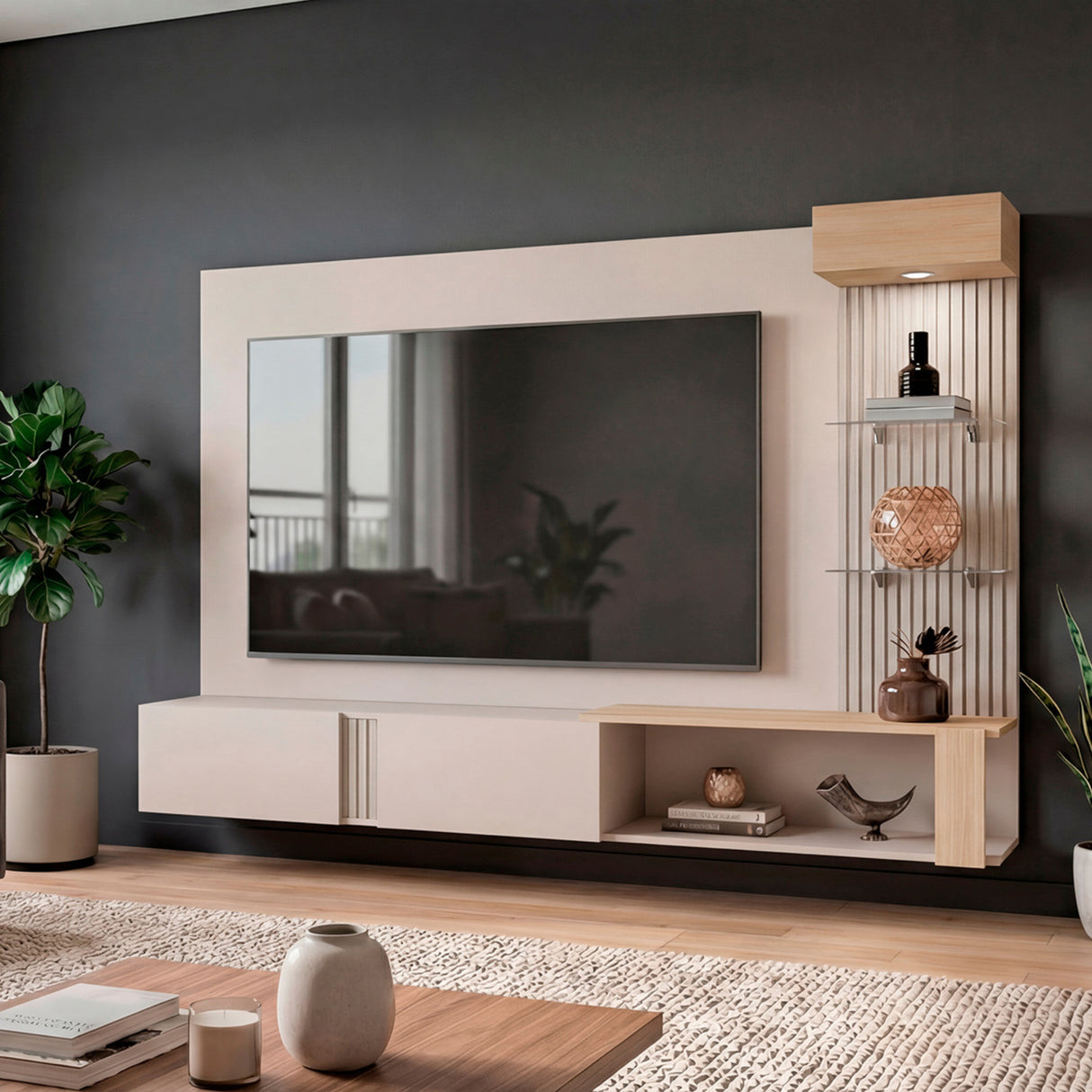 Panel de TV Isolde Capri y Fresno 208.7x132.2cm para TV Hasta 65" Pulgadas con Seis Compartimientos - MUEBLES DE TV | Bylmo