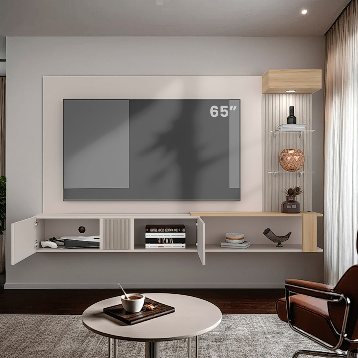 Panel de TV Isolde Capri y Fresno 208.7x132.2cm para TV Hasta 65" Pulgadas con Seis Compartimientos - MUEBLES DE TV | Bylmo