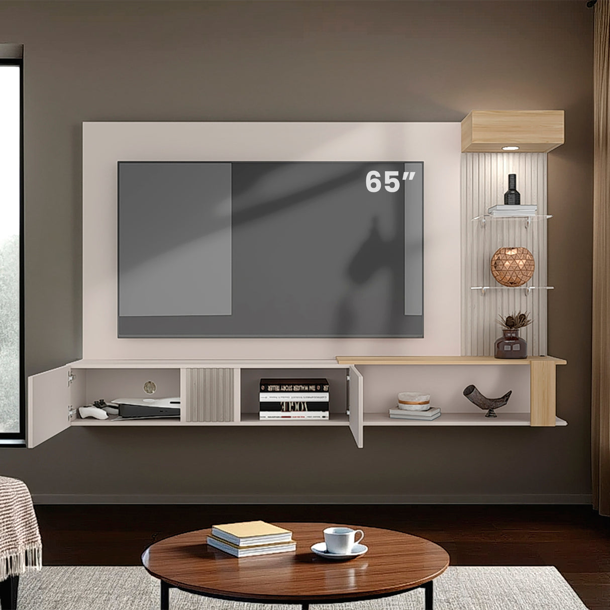 Panel de TV Isolde Capri y Fresno 208.7x132.2cm para TV Hasta 65" Pulgadas con Seis Compartimientos - MUEBLES DE TV | Bylmo