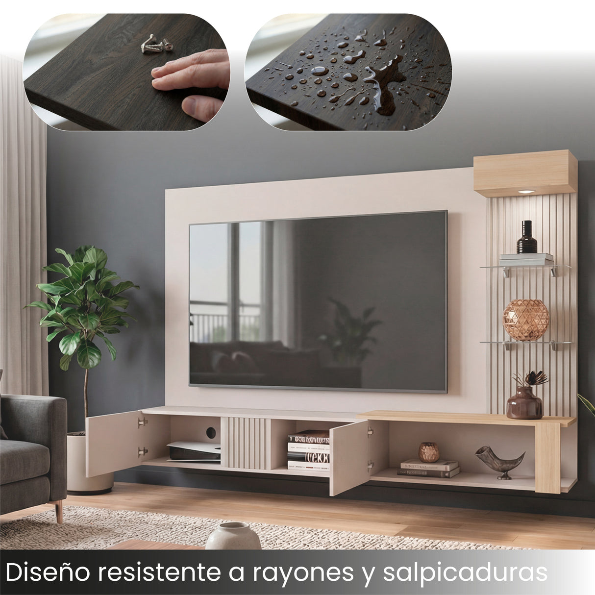 Panel de TV Isolde Capri y Fresno 208.7x132.2cm para TV Hasta 65" Pulgadas con Seis Compartimientos - MUEBLES DE TV | Bylmo