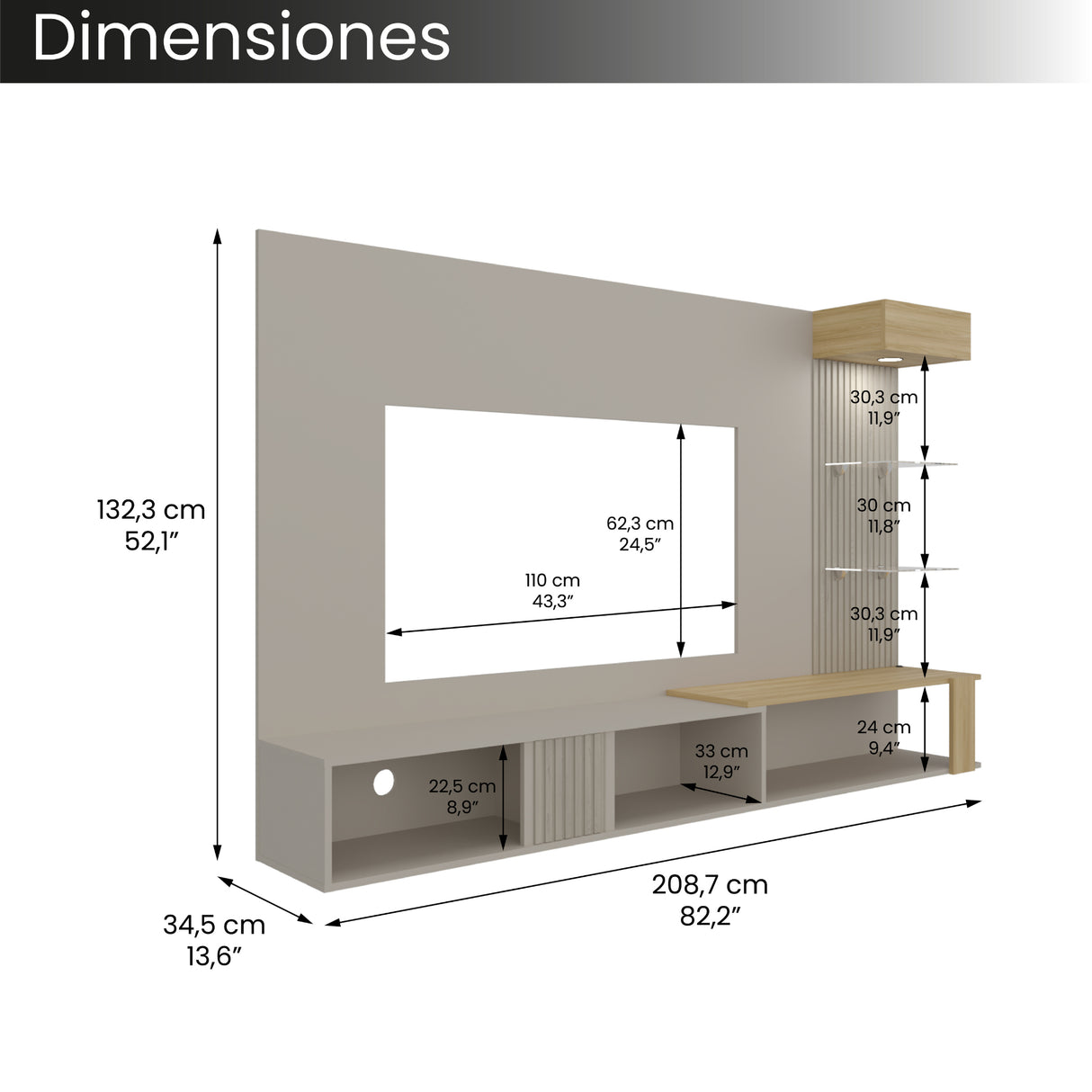 Panel de TV Isolde Capri y Fresno 208.7x132.2cm para TV Hasta 65" Pulgadas con Seis Compartimientos - MUEBLES DE TV | Bylmo