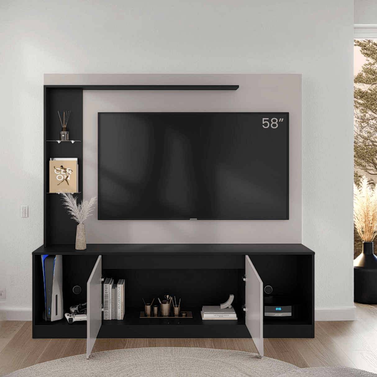 Centro de Entretenimiento Cuera Capri y Wengue 180x174cm para TV Hasta 60" Pulgadas con Seis Compartimientos - MUEBLES DE TV | Bylmo