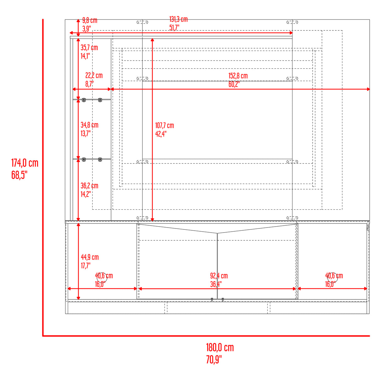Centro de Entretenimiento Cuera Capri y Wengue 180x174cm para TV Hasta 60" Pulgadas con Seis Compartimientos - MUEBLES DE TV | Bylmo